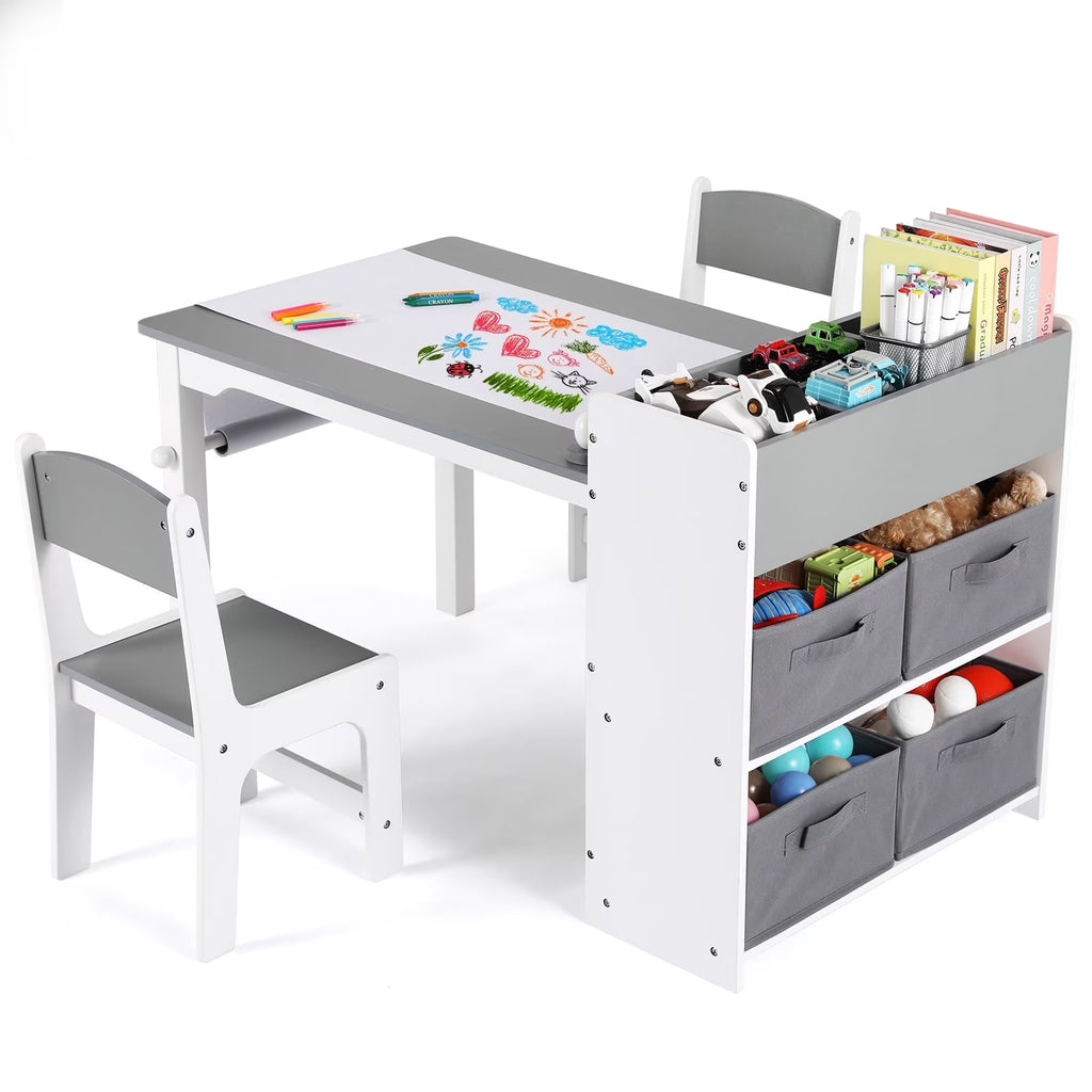 2026 NewPirecart Kids Art Table and 2 Chairs Toddler Craft Set Wooden Play Activity Drawing Table with 4 Storage Bins and Paper Roll
