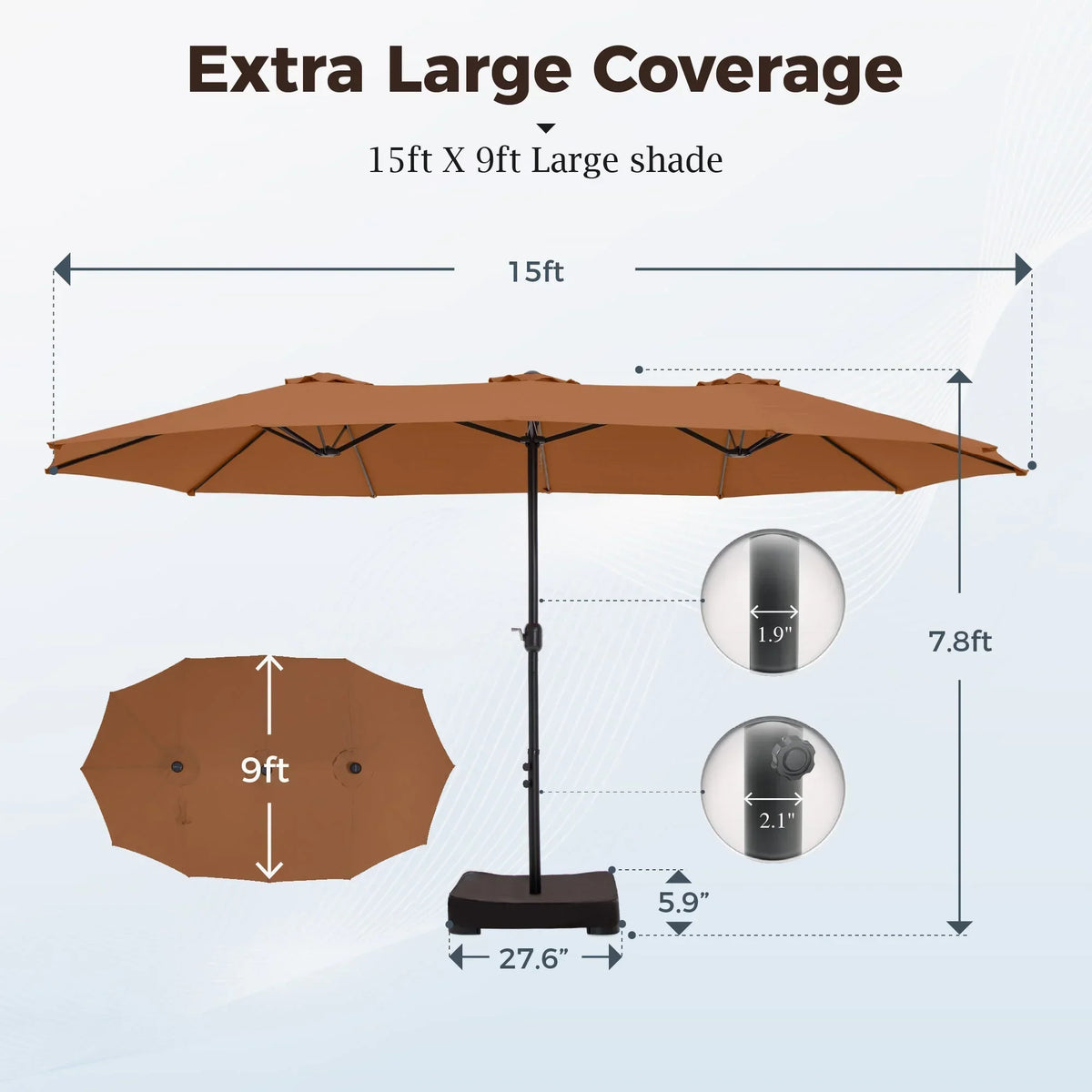 2026 NewAlpha Joy 15ft Outdoor Patio Umbrella Extra-Large Double-Sided Garden Umbrella with Crank Handle and Base - Smoky Gray