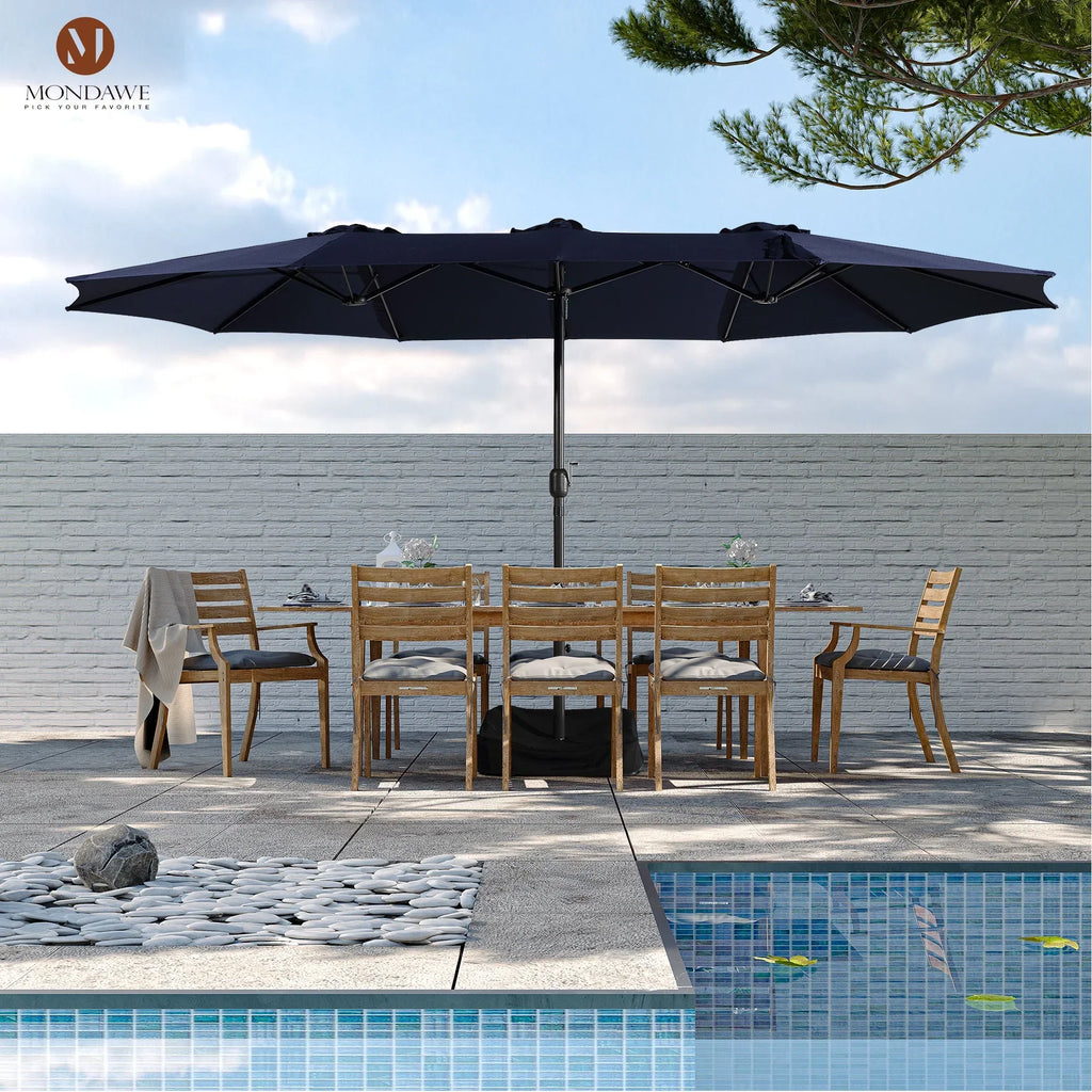 2026 NewMondawe 15ft Patio Umbrella Rectangular Outdoor Market Umbrella with Base and LED Lights Beige