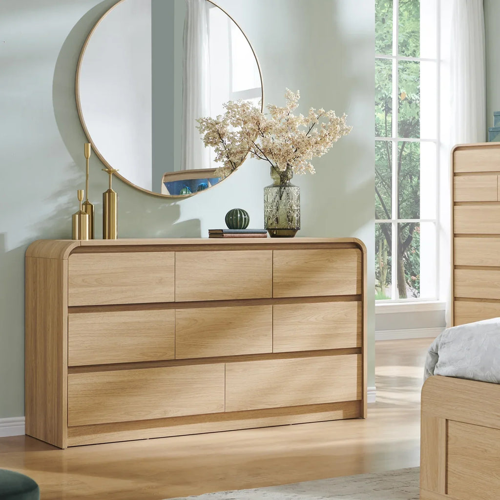 2026 Newwow97e Modern 8 Drawers Dresser for Bedroom, 55" Wide Wood Chest of Drawers w/Curved Profile Design, for Bedroom, Living Room, Natural Oak