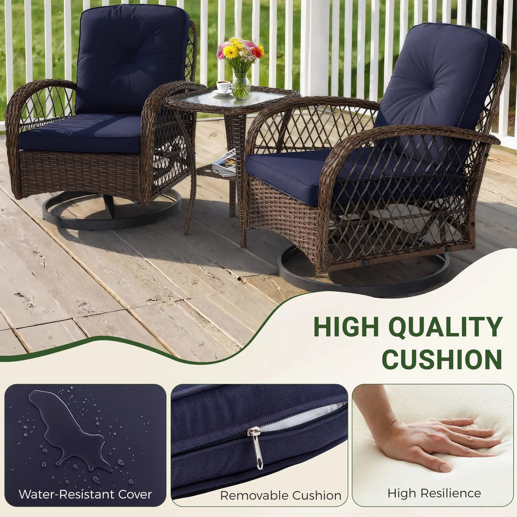 2026 New3 Piece Patio Swivel Rocker Chairs Set, 2 360-Degree Swivel Rocking Chairs with 1 Glass Top Table, PE Rattan Outdoor Bistro Set with Cushions for Balcony Deck Poolside Backyard Porch