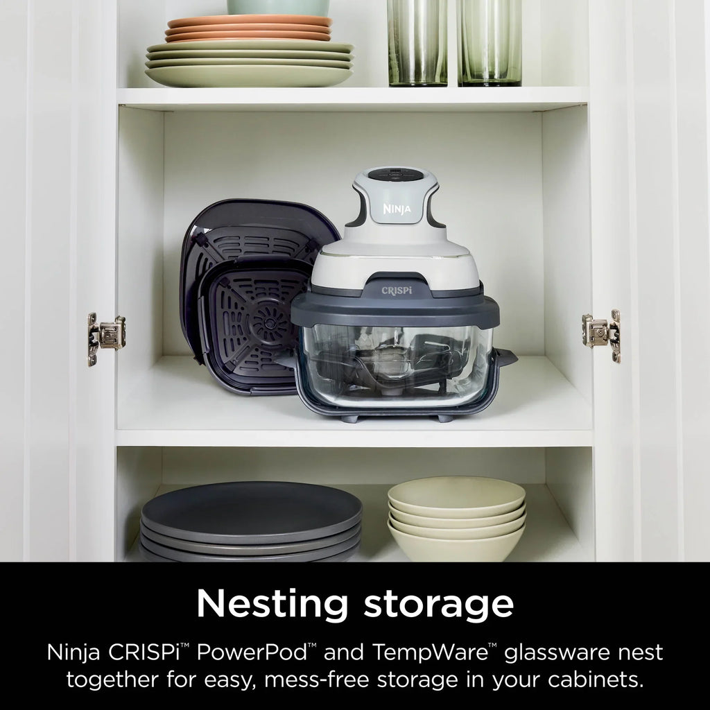 2026 NewNinja Crispi 3-in-1 Portable Glass Air Fryer Cooking System, 1500W, 4-Qt & 5-Cup TempWare Glass Containers with Storage Lids, Microwave, Freezer & Dishwasher Safe, White, FN100WH