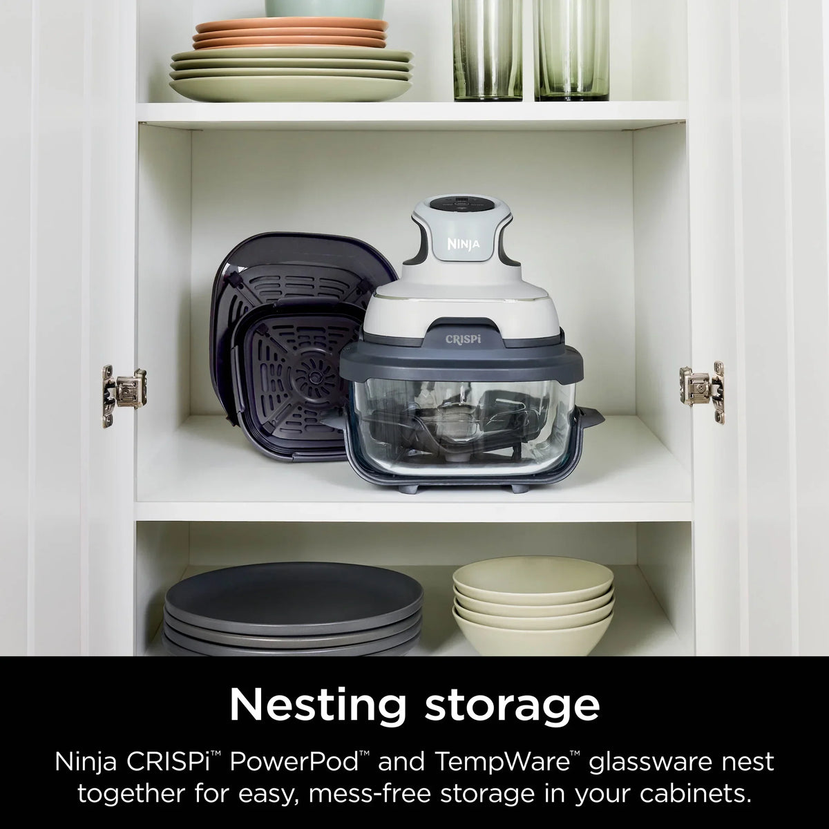 2026 NewNinja Crispi 3-in-1 Portable Glass Air Fryer Cooking System, 1500W, 4-Qt & 5-Cup TempWare Glass Containers with Storage Lids, Microwave, Freezer & Dishwasher Safe, White, FN100WH