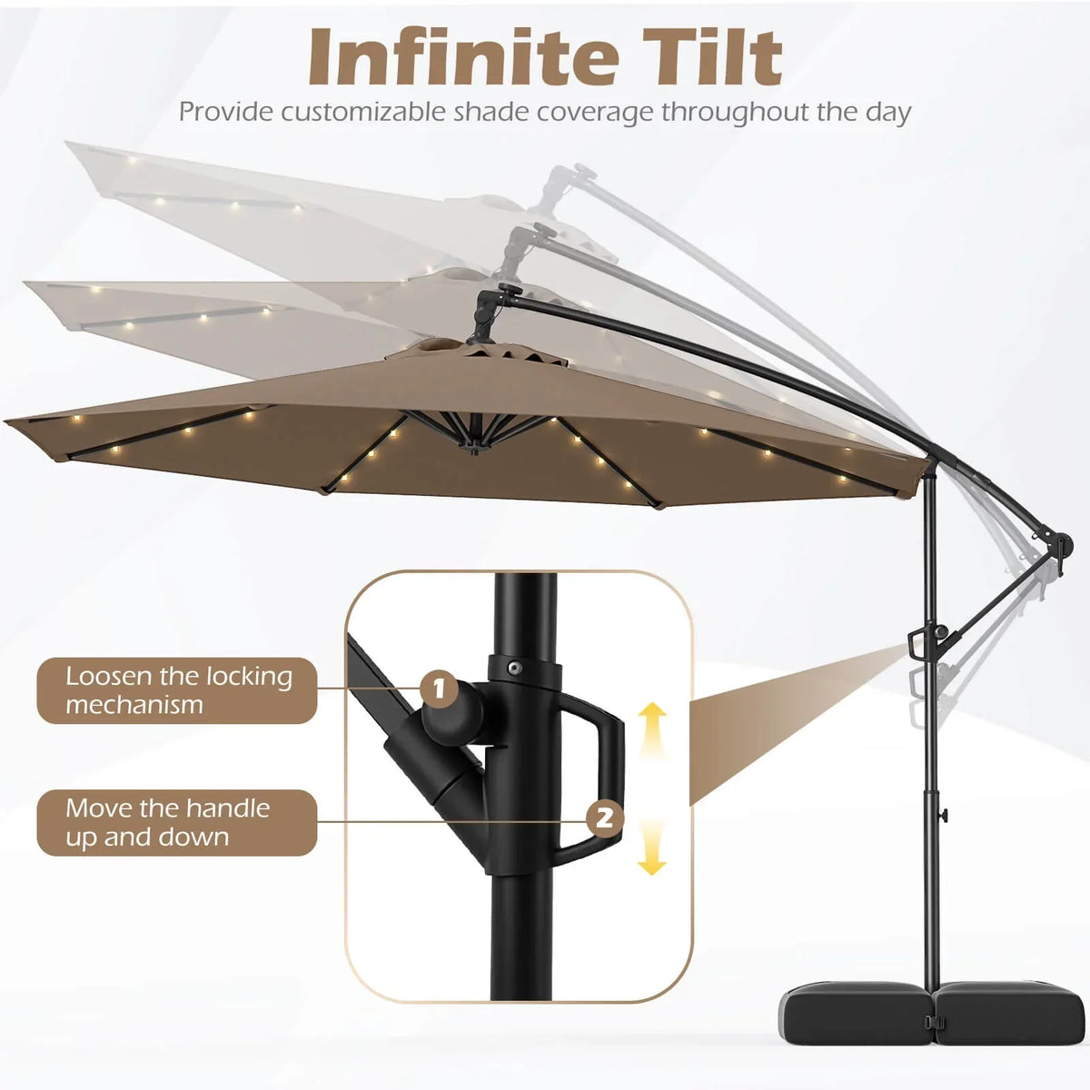 2026 NewCostway 10 FT Solar Offset Hanging Umbrella Patio Cantilever Umbrella with 32 LED Lights Brown