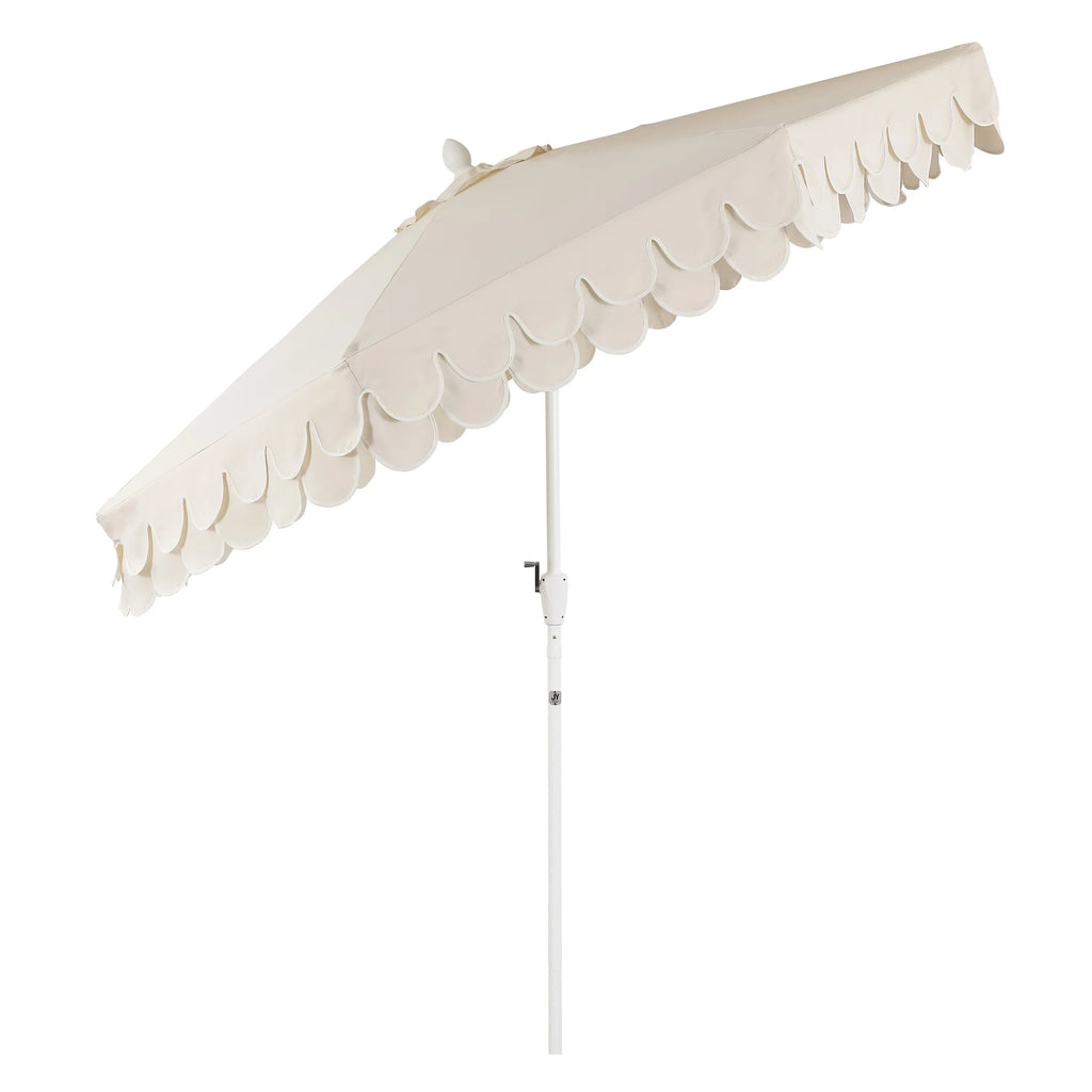 2026 NewJONATHAN Y Tracy 9 ft. Market Patio Umbrella, Classic Mid-Century Scalloped Fringe, with Auto-Tilt Crank, Wind Vent and UV Protection, Coral Pink/White, Dark Brown Pole