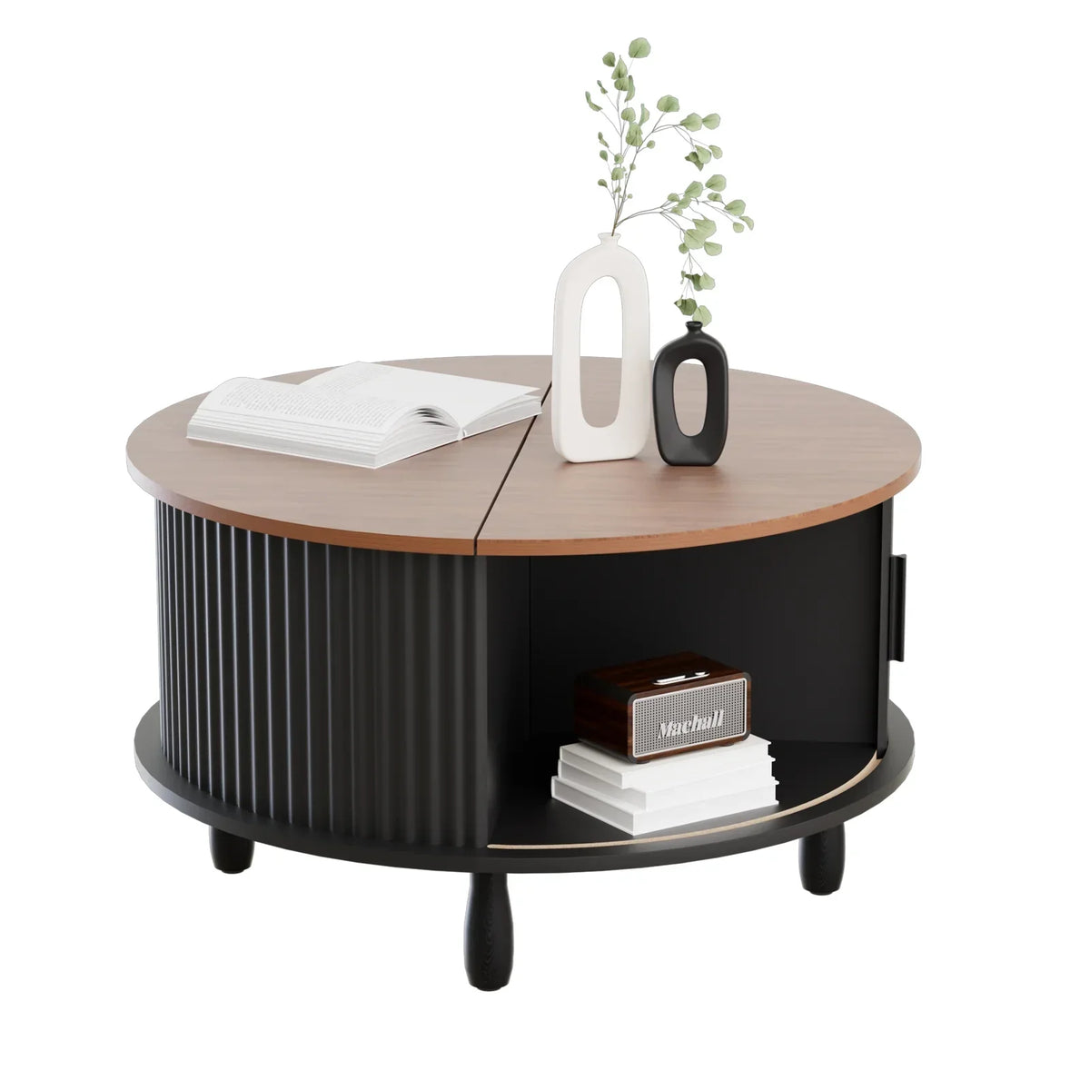 2026 NewRUMLIVE Round Coffee Table with Storage, 30.7" Modern Coffee Table with 360" Curved Sliding Door, Fluted Wood Coffee Table with Footpads, Round Center Table for Living Room, Black