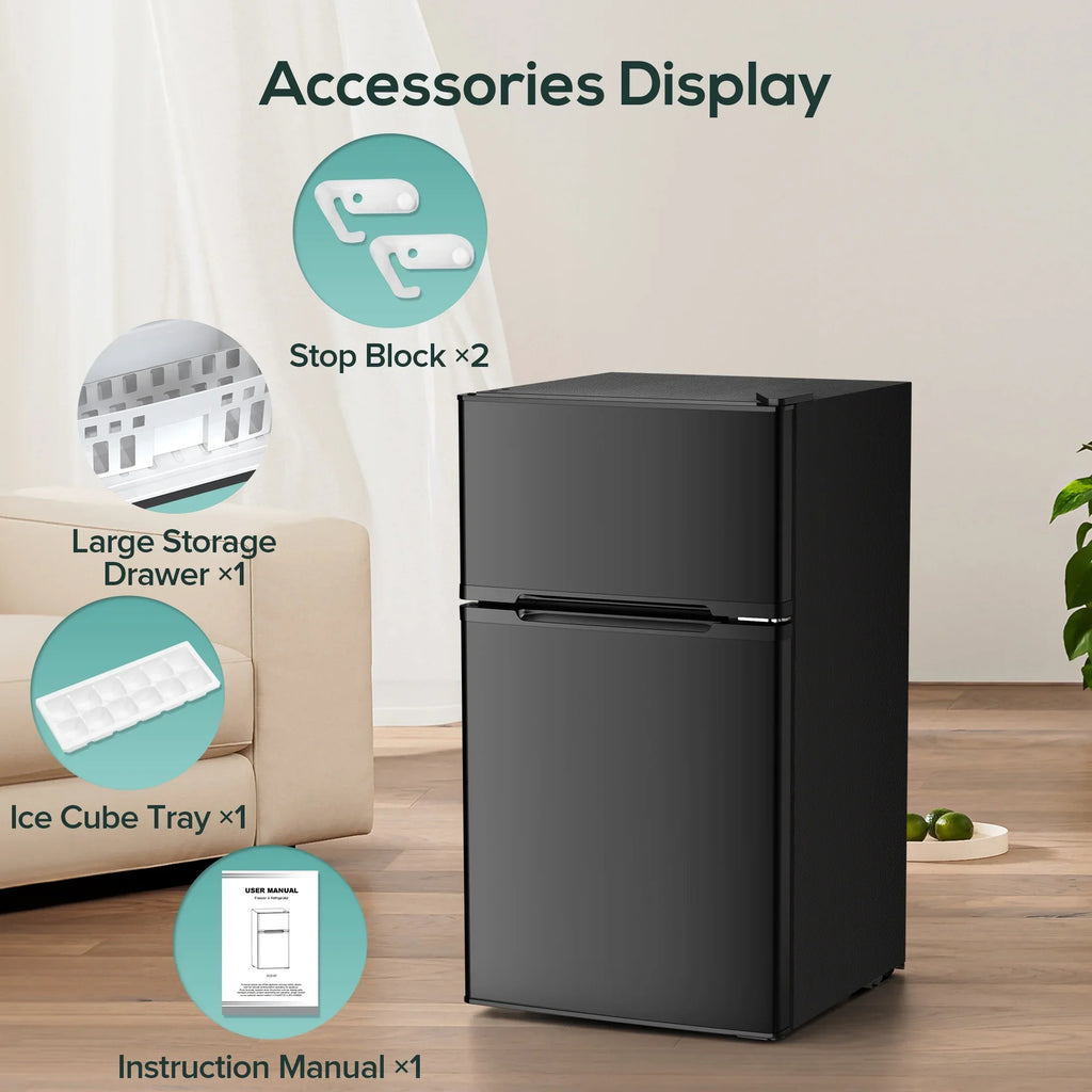 2026 NewAuseo 3.1 Cu.Ft Double Door Mini Fridge with Freezer, Compact Retro Refrigerator for Dorm, Office, Bar, Bedroom, Black