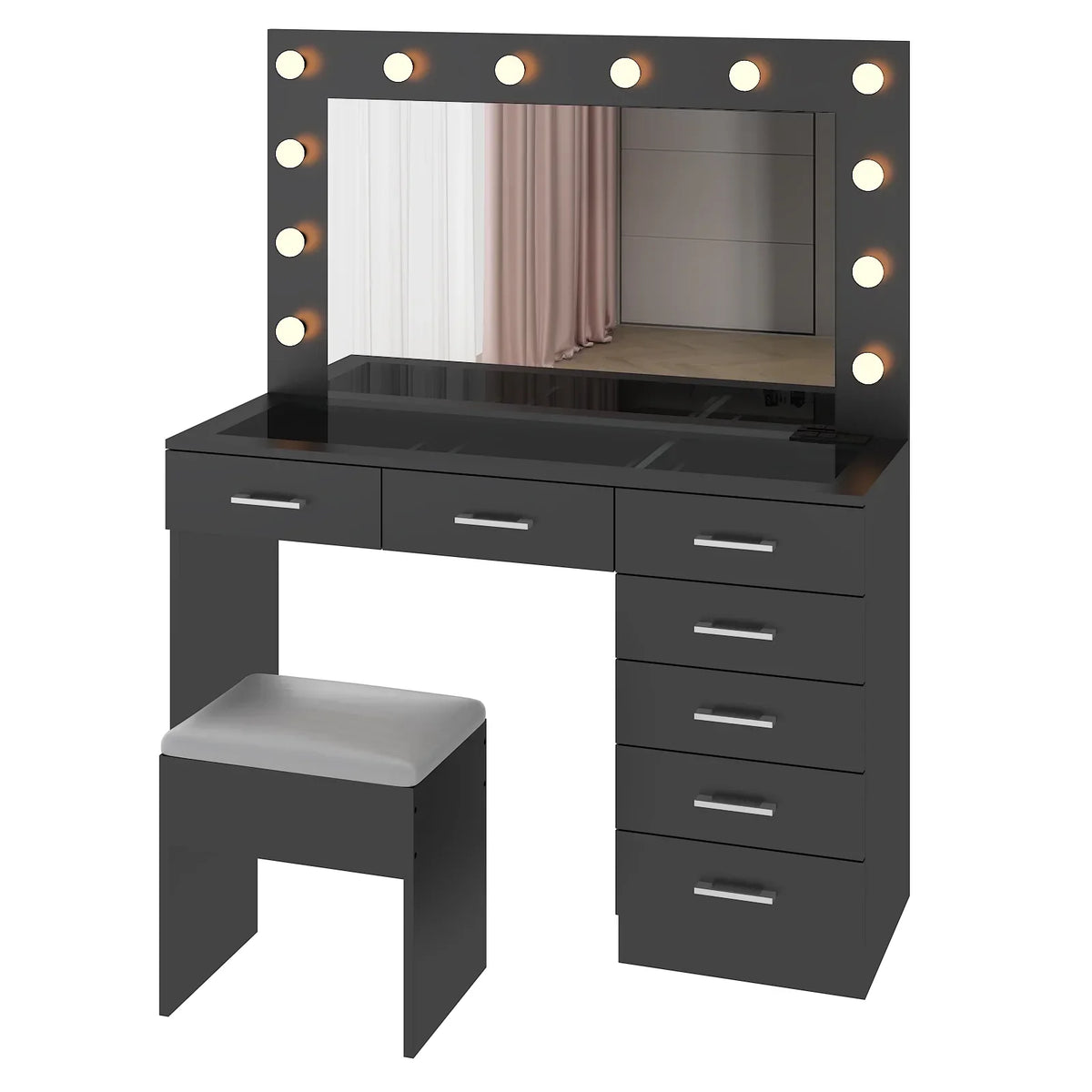 2026 NewKtaxon Large Makeup Vanity, Vanity Table Set w/ Visible Glass Top w/ Charging Station, White