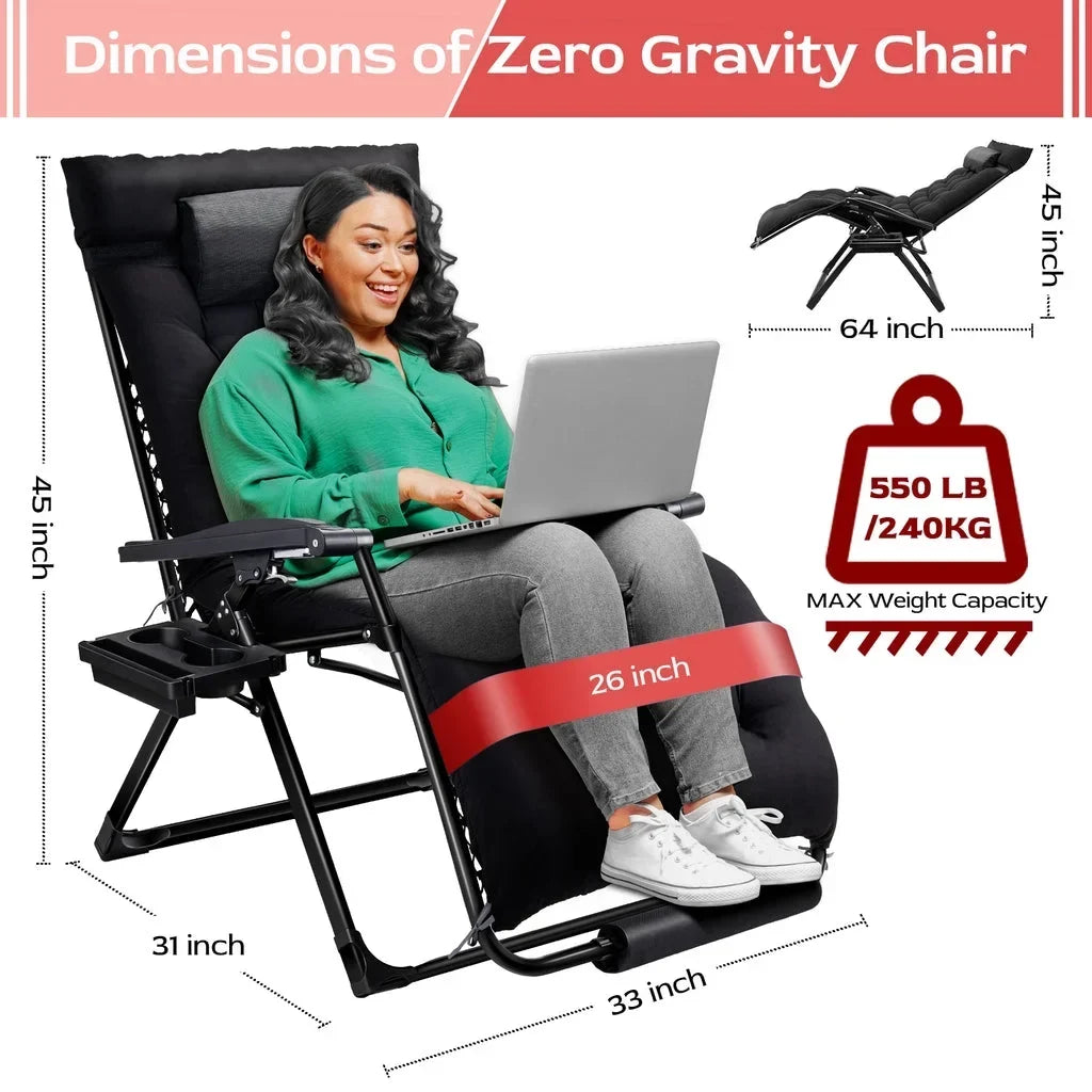 2026 NewVECUKTY XXL Oversize Zero Gravity Chair - 500lb Capacity, 33-Inch Wide Padded Seat, Folding Travel Recliner for Outdoor / Indoor Use - Patio, Lawn, Black, Portable and Heavy Duty