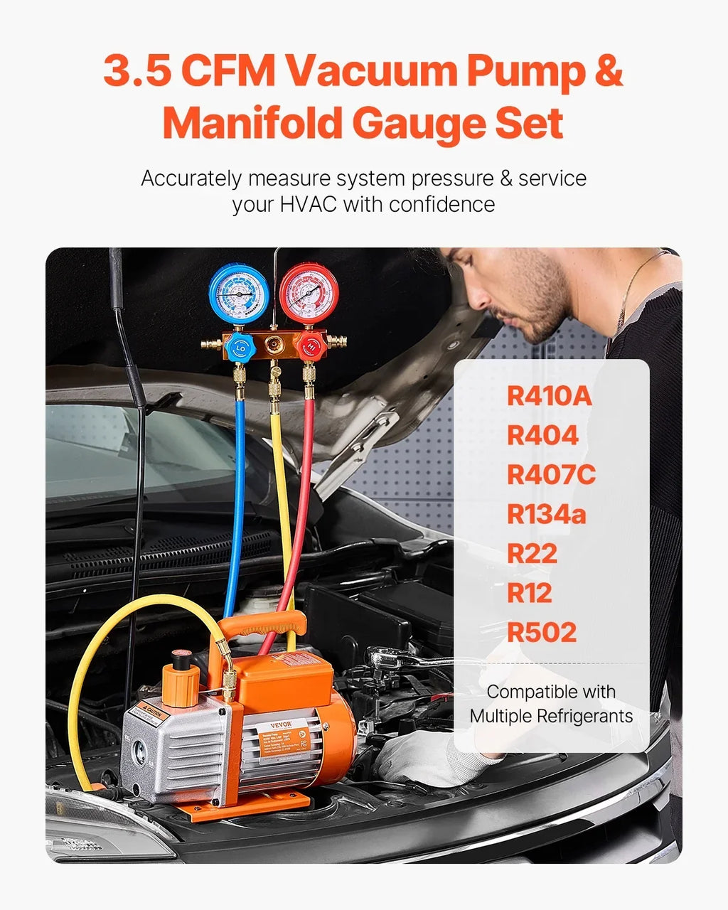 2026 NewVEVOR 3.5 CFM AC Vacuum Pump and Gauge Set,Single Stage Rotary Vane HVAC Air Vacuum Pump,A/C Refrigerant Manifold Gauge Kit, with Hoses,for R134a,R12,R22,R502a,R410A,R404,R407C Refrigerants