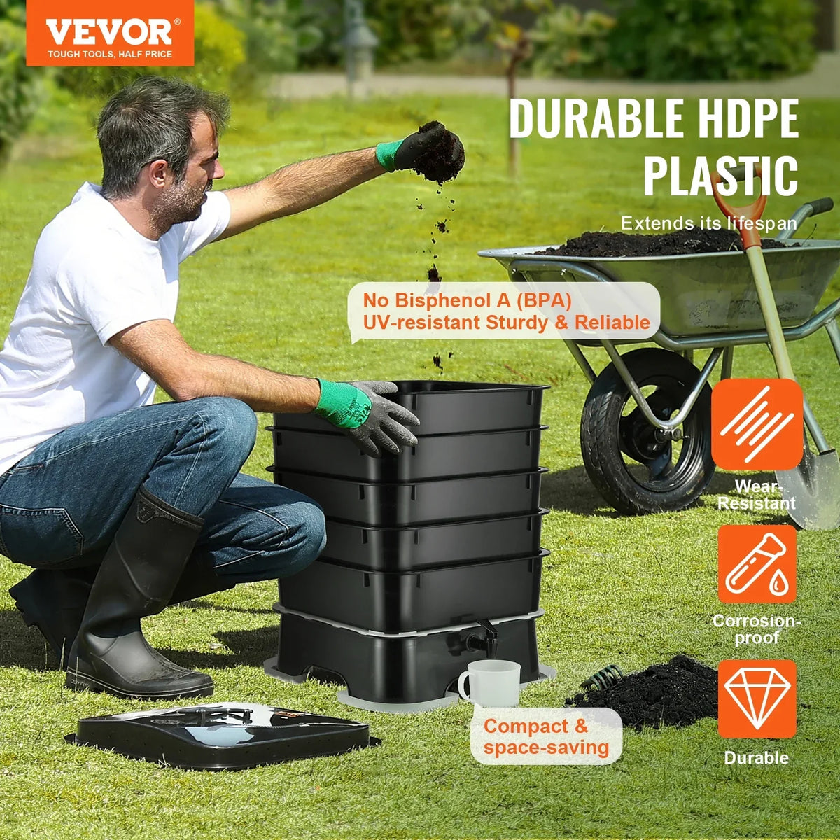 2026 NewVEVOR 5-Tray Worm Composter, 50 L Worm Compost Bin Outdoor and Indoor, Sustainable Design Worm Farm Kit, for Recycling Food Waste, Worm Castings, Worm Tea, Vermiculture and Vermicomposting