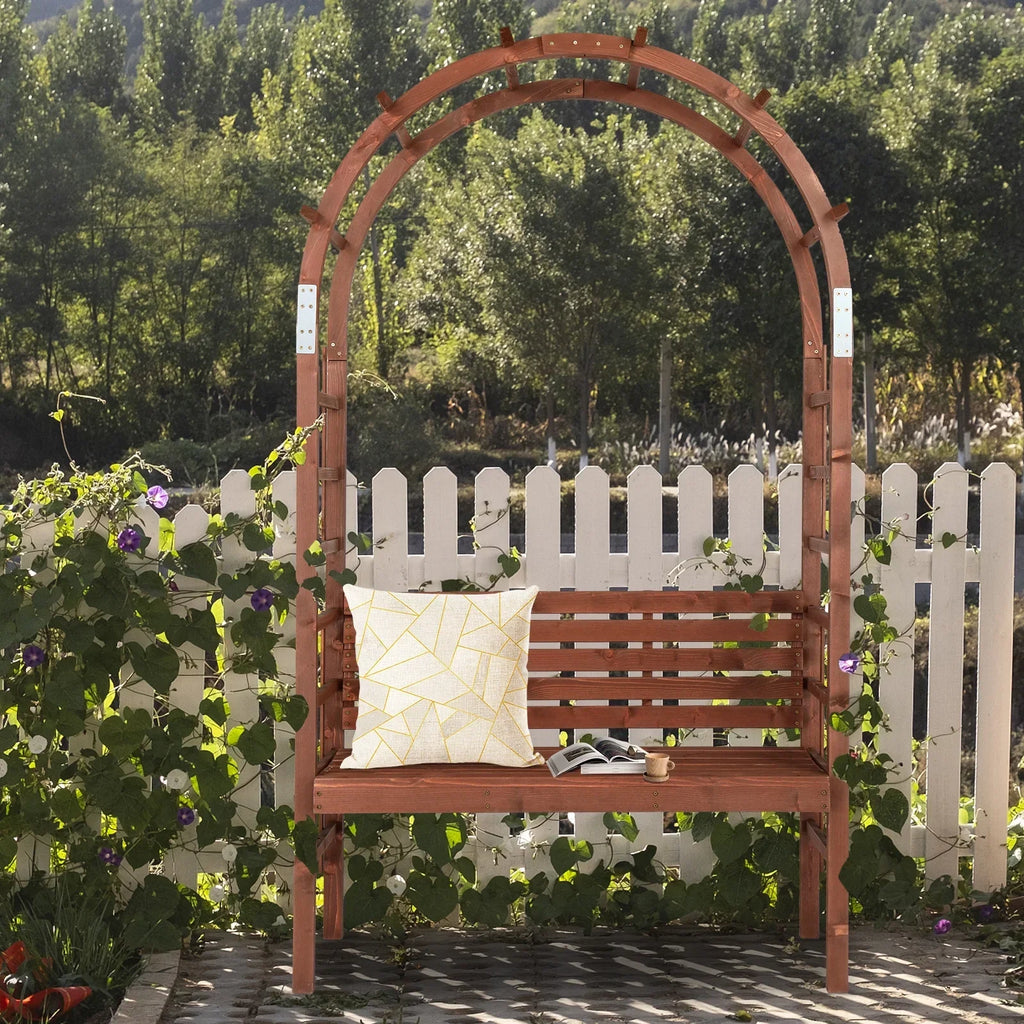 2026 New6.8FT Wooden Arch with Bench for 2 People, Garden Arbor Trellis for Climbing Plant, Outdoor Garden Lawn Backyard Patio Decor, Dark Brown