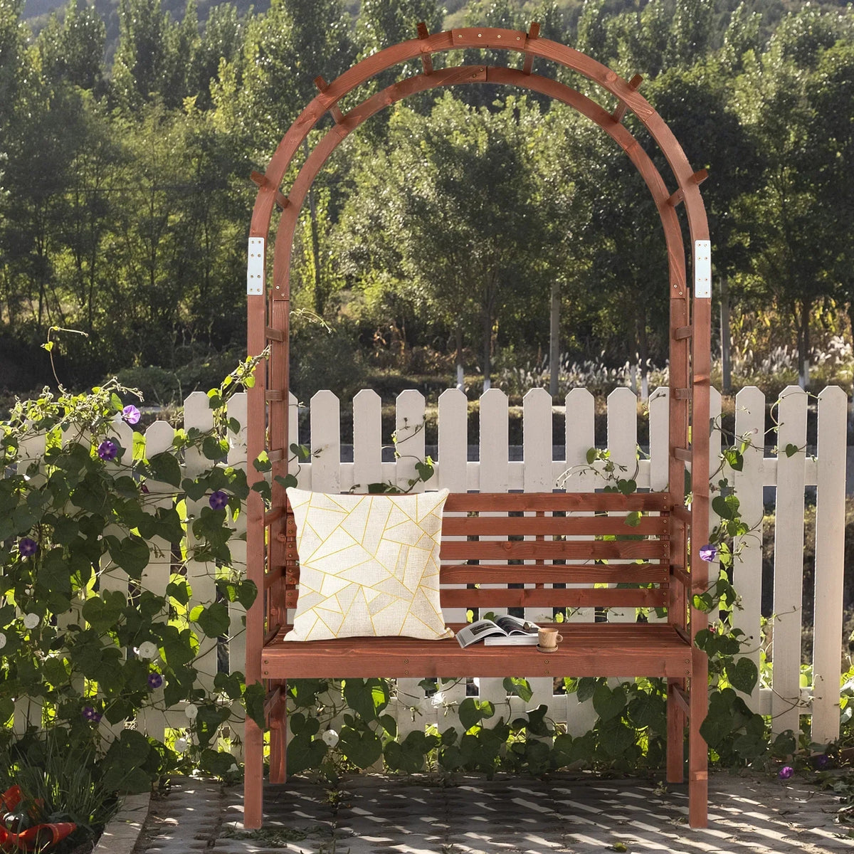 2026 New6.8FT Wooden Arch with Bench for 2 People, Garden Arbor Trellis for Climbing Plant, Outdoor Garden Lawn Backyard Patio Decor, Dark Brown