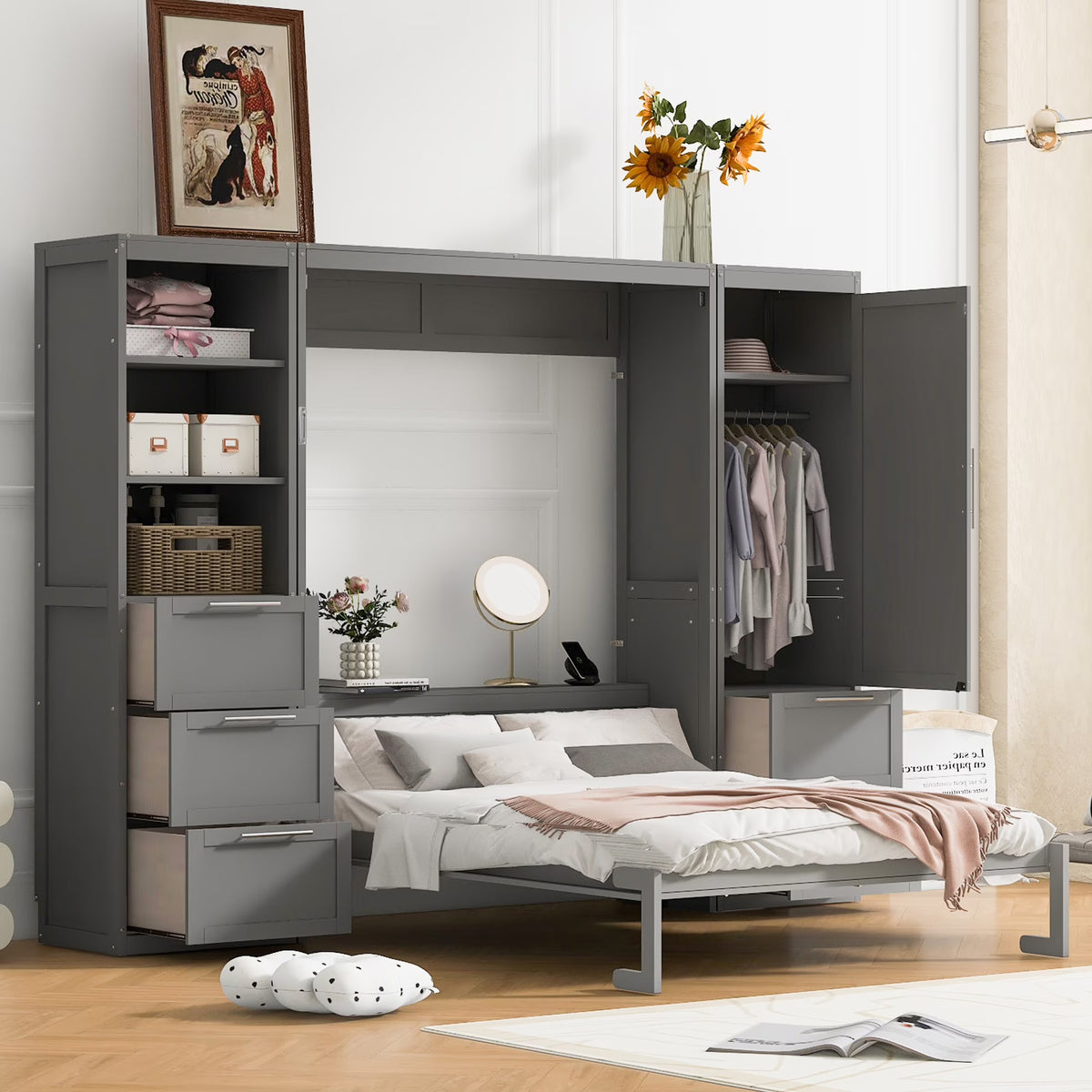 2026 NewNewest Queen Size Murphy Bed Wall Bed with Closet,Drawers, Shelves,Gray