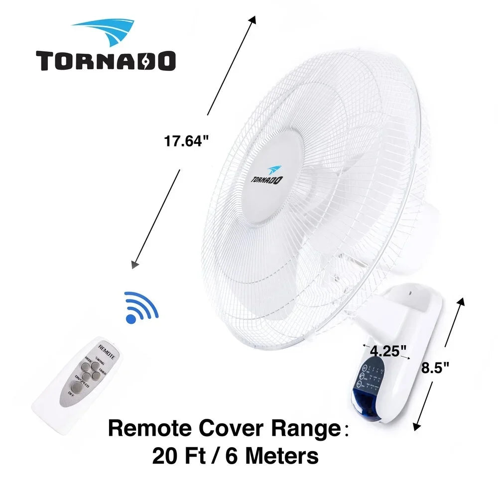 2026 New2 Pack - Tornado 16 Inch Wall Mount Fan - Remote Control Included - 3 Speed Settings - UL Safety Listed