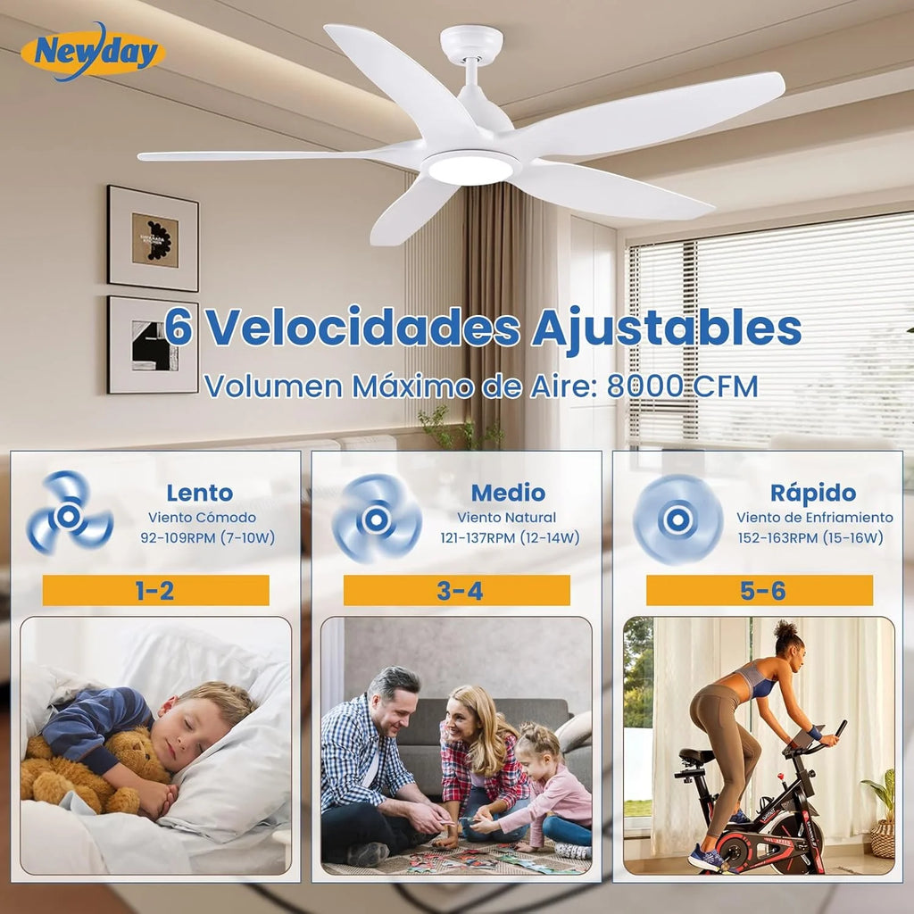 2026 Newday Ventilador de techo de 153 cm, blanco, con luz y mando a distancia, regulador LED, motor DC reversible, 5 aspas silenciosas