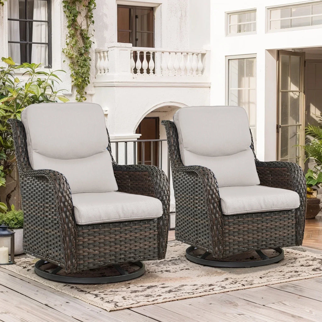 2026 NewPOCASSY Patio Swivel Chairs, Outdoor Wicker Swivel Glider Rocking Chairs with High Back and Thick Cushions for Porch Deck - Set of 2, Beige