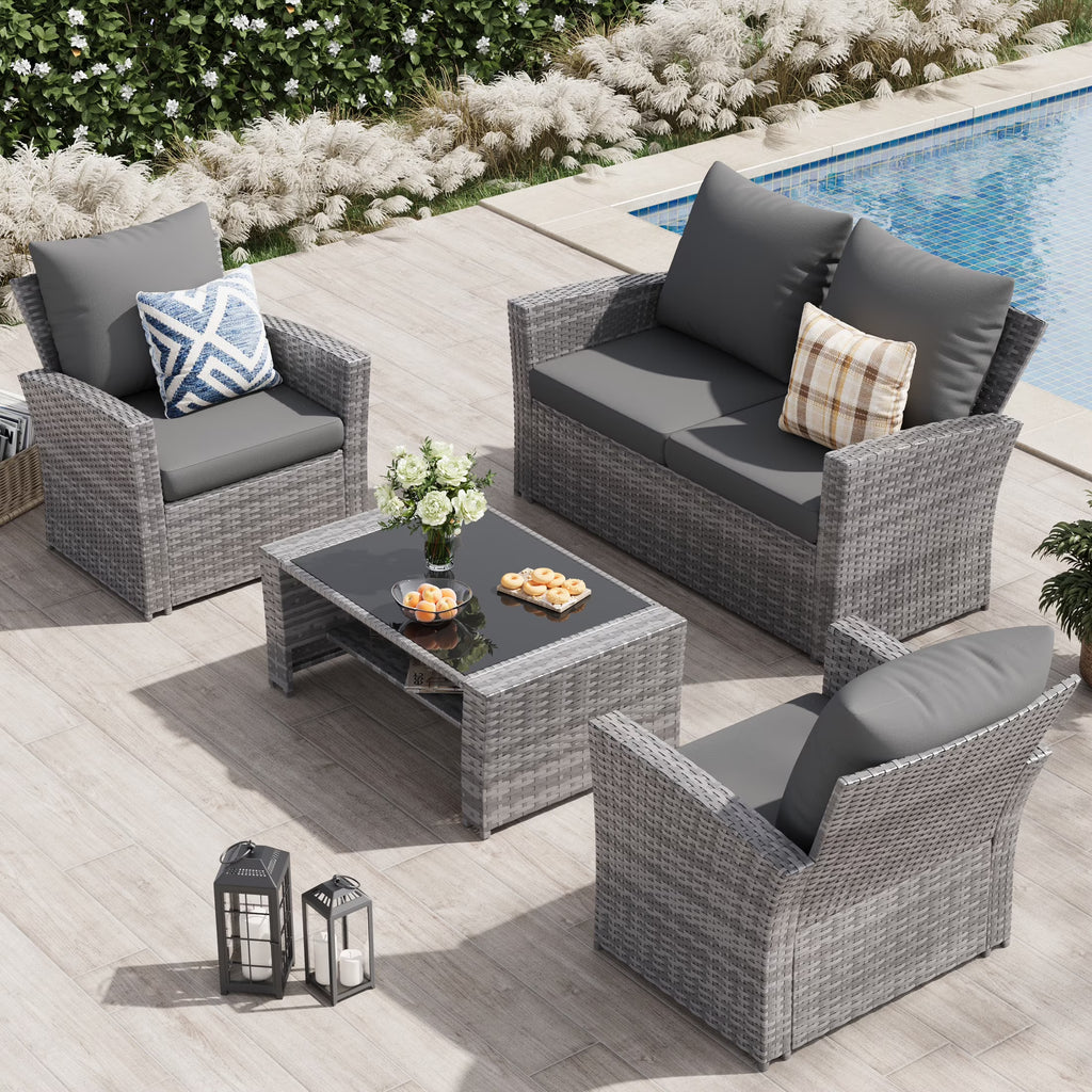 2026 NewUDPATIO Wicker Patio Furniture Set, 4 Piece Outdoor Sectional Conversation Sets, Gray PE Rattan Patio Sofa Set for Balcony, Porch, Backyard, Grey