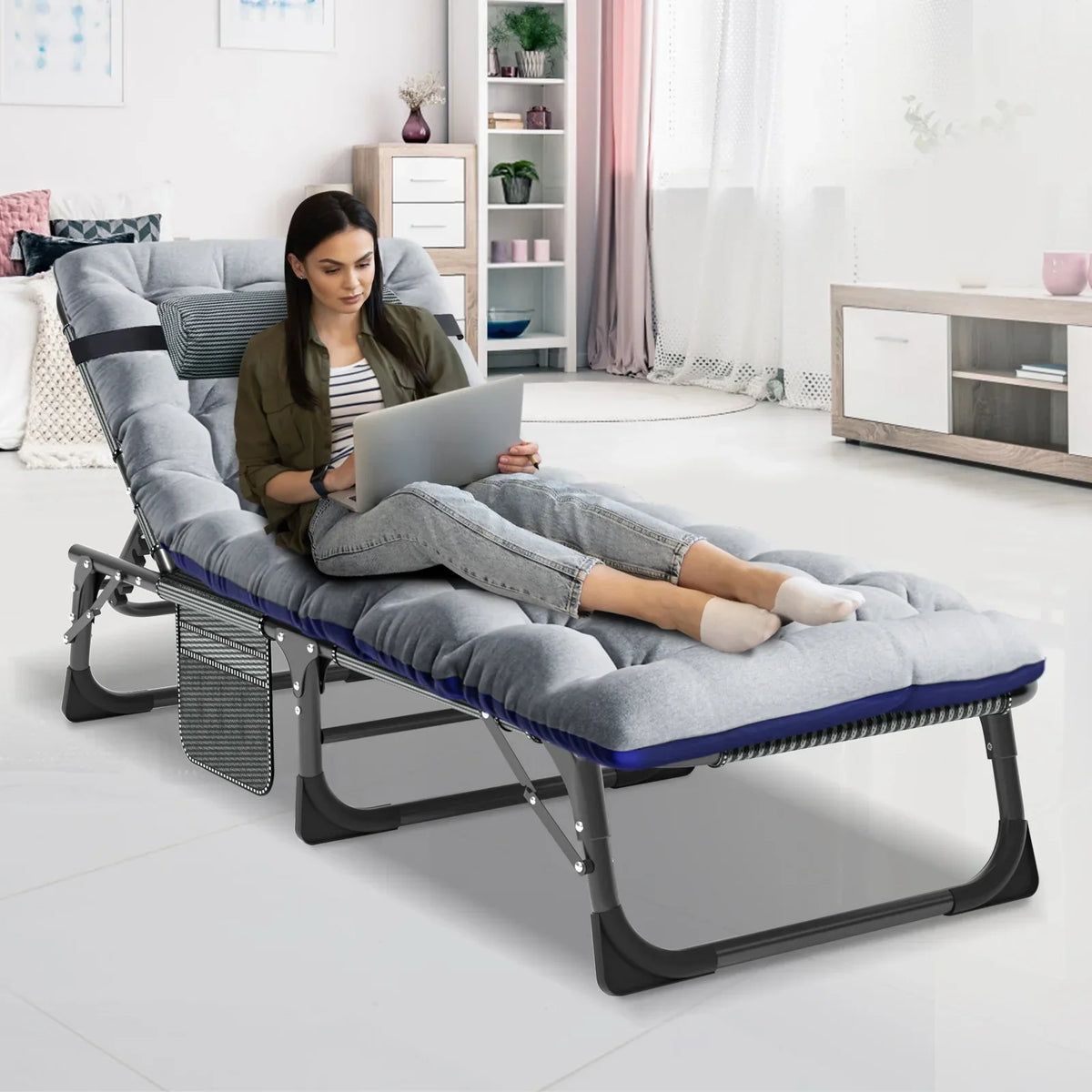 2026 NewMOPHOTO Lounge Chair with Mattress, Outdoor Chaise Lounge Support 440 Lbs, Adjustable Portable Heavy Duty Sleeping Cots Bed for Camping, Pool, Beach, Patio