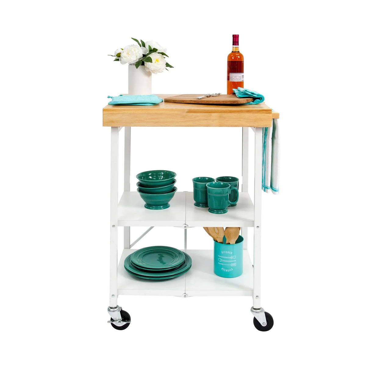 2026 NewOrigami Foldable Wheeled Portable Solid Wood Top Kitchen Island Bar Cart
