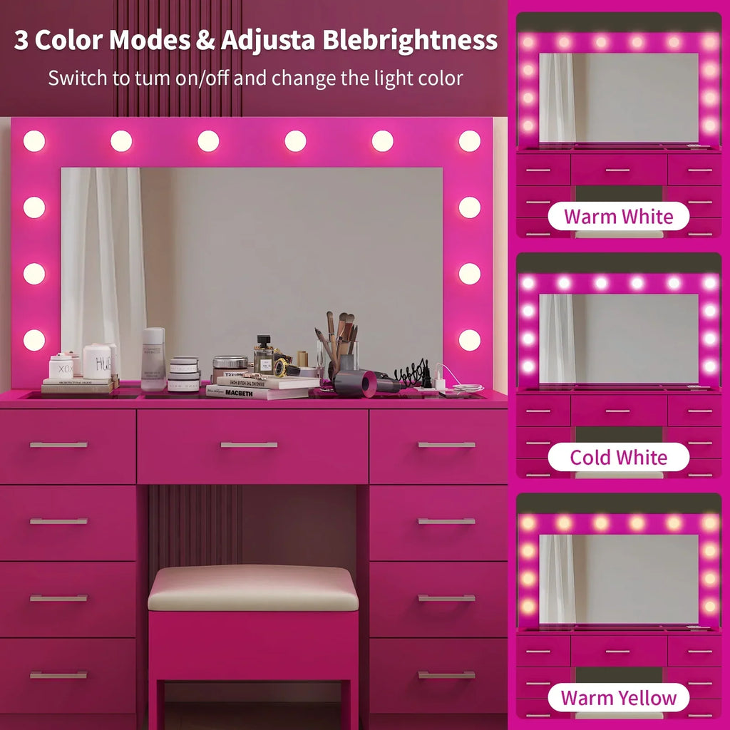 2026 NewKtaxon Large Makeup Vanity, Vanity Table Set w/ Visible Glass Top w/ Charging Station, White