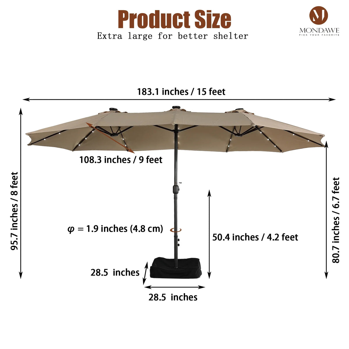 2026 NewMondawe 15ft Patio Umbrella Rectangular Outdoor Market Umbrella with Base and LED Lights Beige