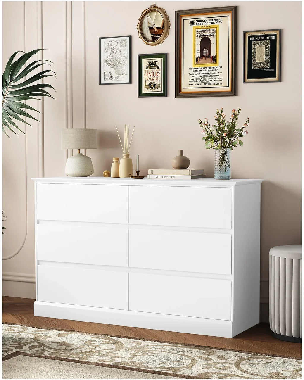 2026 NewWhite Dressers Bedroom Dresser 6 Drawer Storage Chest of Drawers Double Dresser Storage Side Cabinet Room Furniture for Bedroom Living Room