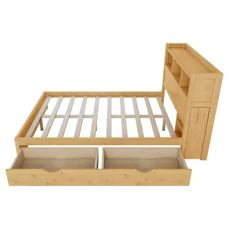 2026 Cama plataforma moderna de madera con cajones de almacenamiento y cabecero LED, natural/blanco, Twin/Full