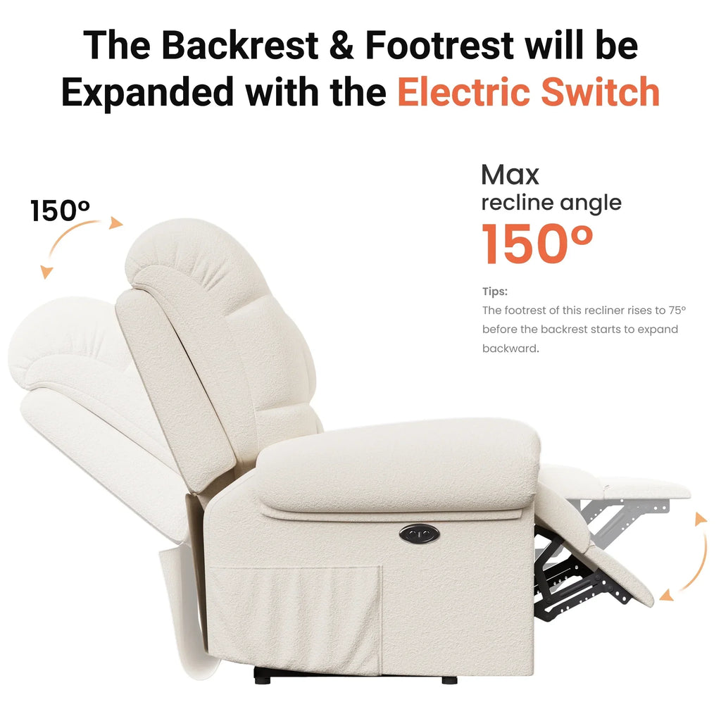 2026 NewPower Recliner Chair,Electric Recline Sofa Chair for Adults with USB Port,Comfy Teddy Fleece Adjustable Cloud Sofa,Tool-Free Setup,Beige White