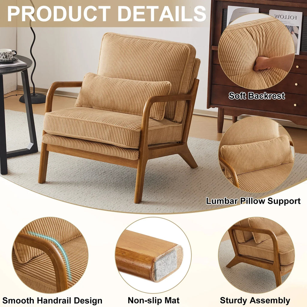 2026 NewKtaxon Accent Chair Corduroy Upholstered Armchair, Reading Club Chair with Pillow and Solid Wood Frame for Living Room Bedroom Furniture Off White