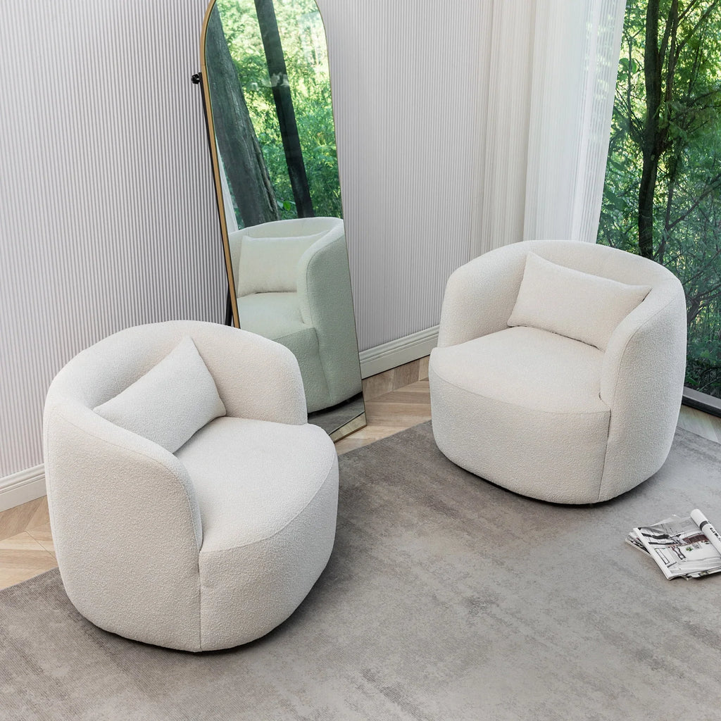 2026 New34" Wide Boucle Swivel Barrel Chair, No Assembly Round Upholstered Armchair Accent Chair Single Sofa Chair with Toss Pillow for Living Room and Bedroom, Taupe