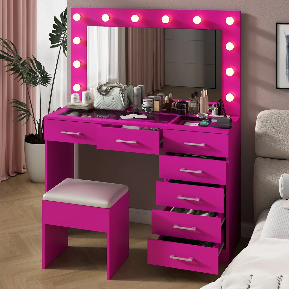2026 NewKtaxon Large Makeup Vanity, Vanity Table Set w/ Visible Glass Top w/ Charging Station, White