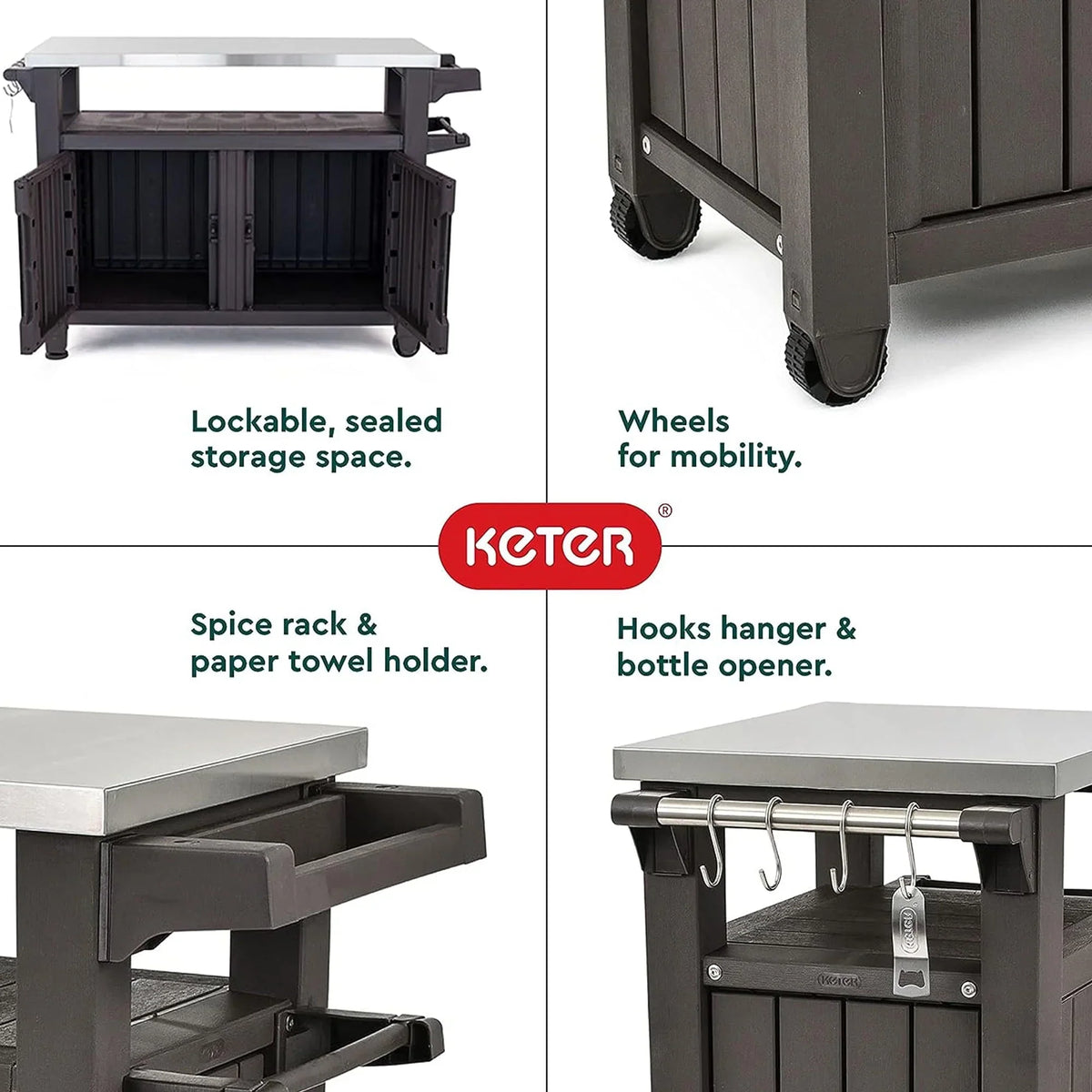 2026 NewKeter Unity XL Outdoor Kitchen Bar Rolling Cart with Storage Cabinet, Brown