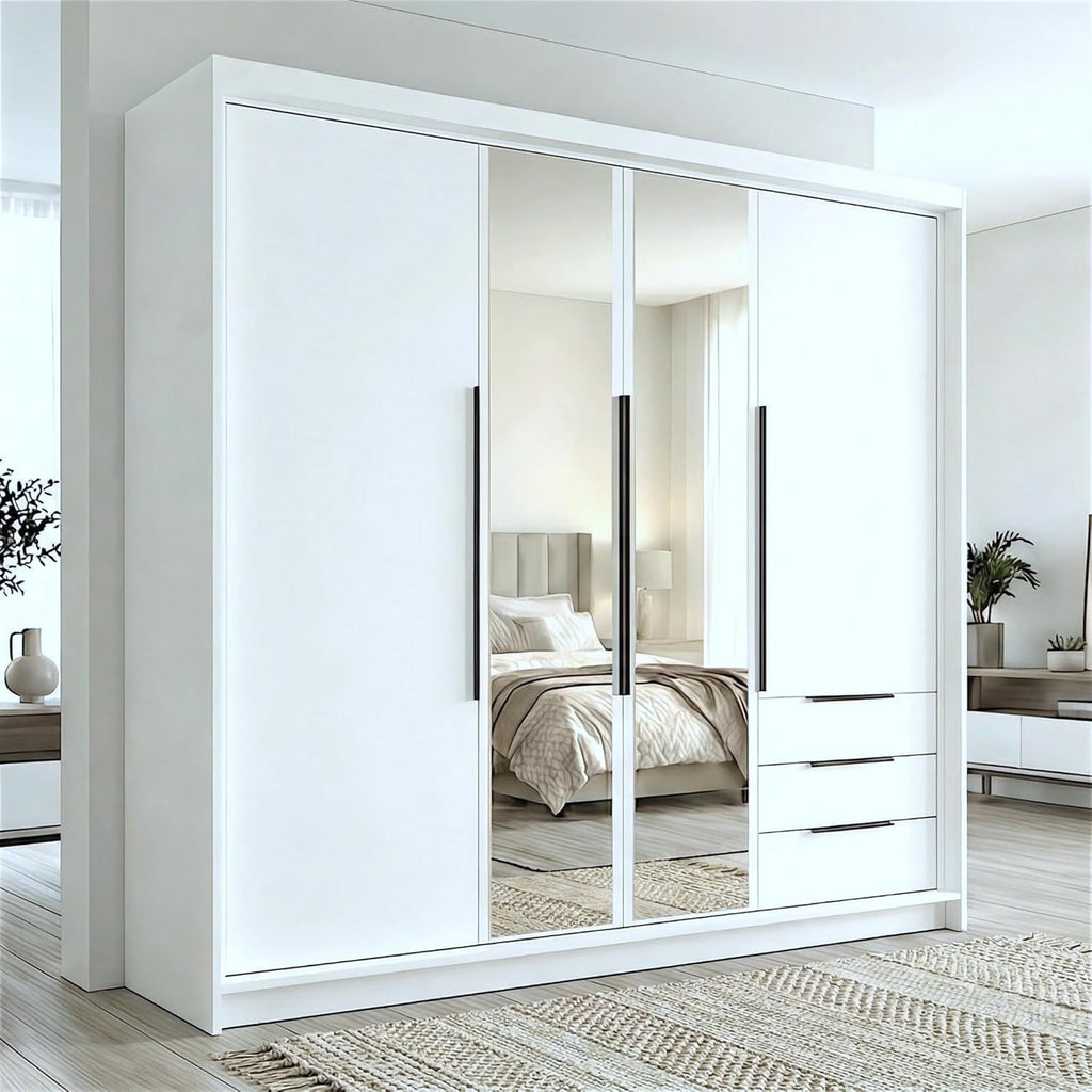 2026 Armario VIVO de A and J MöbelLand de 4 puertas con espejo y cajones - 200 x 215 cm - Armario con puertas batientes, barra para colgar ropa y estantes.