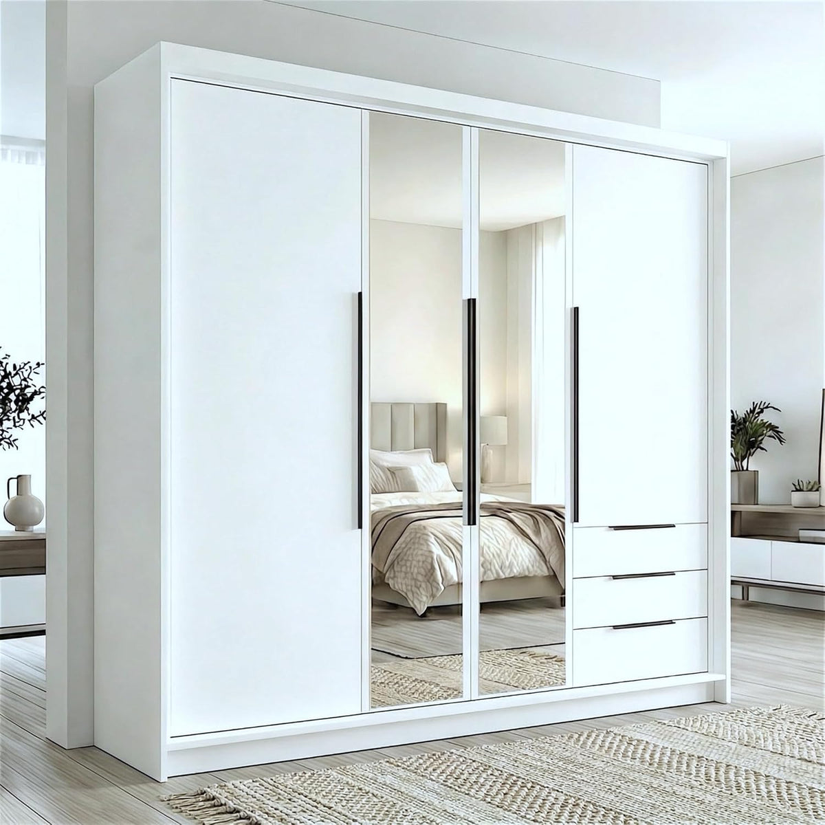2026 Armario VIVO de A and J MöbelLand de 4 puertas con espejo y cajones - 200 x 215 cm - Armario con puertas batientes, barra para colgar ropa y estantes.