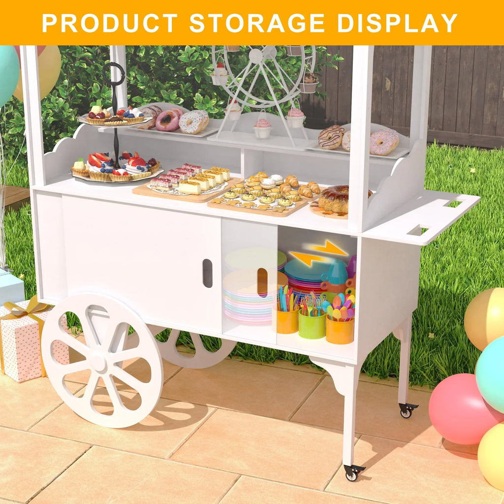 2026 NewCandy Cart with Wheels for Party，Wood Dessert Cart with Storage Cabinet