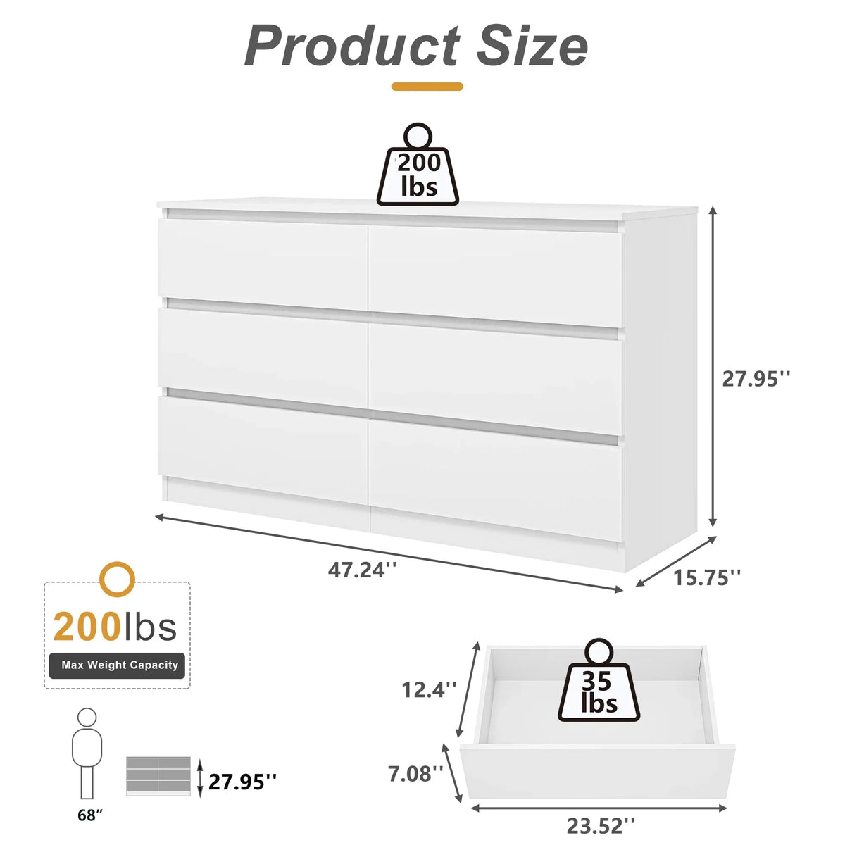 2026 NewResenkos Modern Mid Century 6 Drawer Wide Dressers Chests for Bedroom, Chest of Drawer Organizer Grey