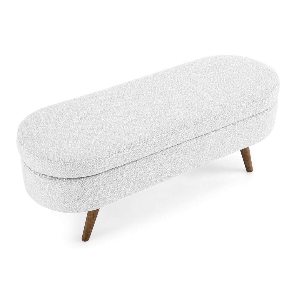 2026 New43.5" Oval Storage Ottoman Bench with Solid Wood Legs, Linen Fabric Upholstered Entryway Bench with Safety Hinge, Indoor Bench for End of Bed, Sofa Side, Entryway