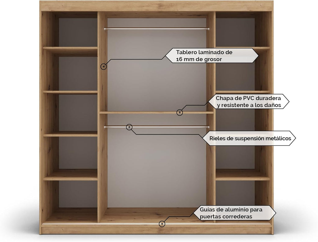 2026 Armario de dormitorio ABIKSMEBLE Verona 4 200 con tres puertas correderas – Armario de almacenamiento moderno con espejo, perchero y estantes – 200 x 200 x 62 cm – Negro mate Sonoma