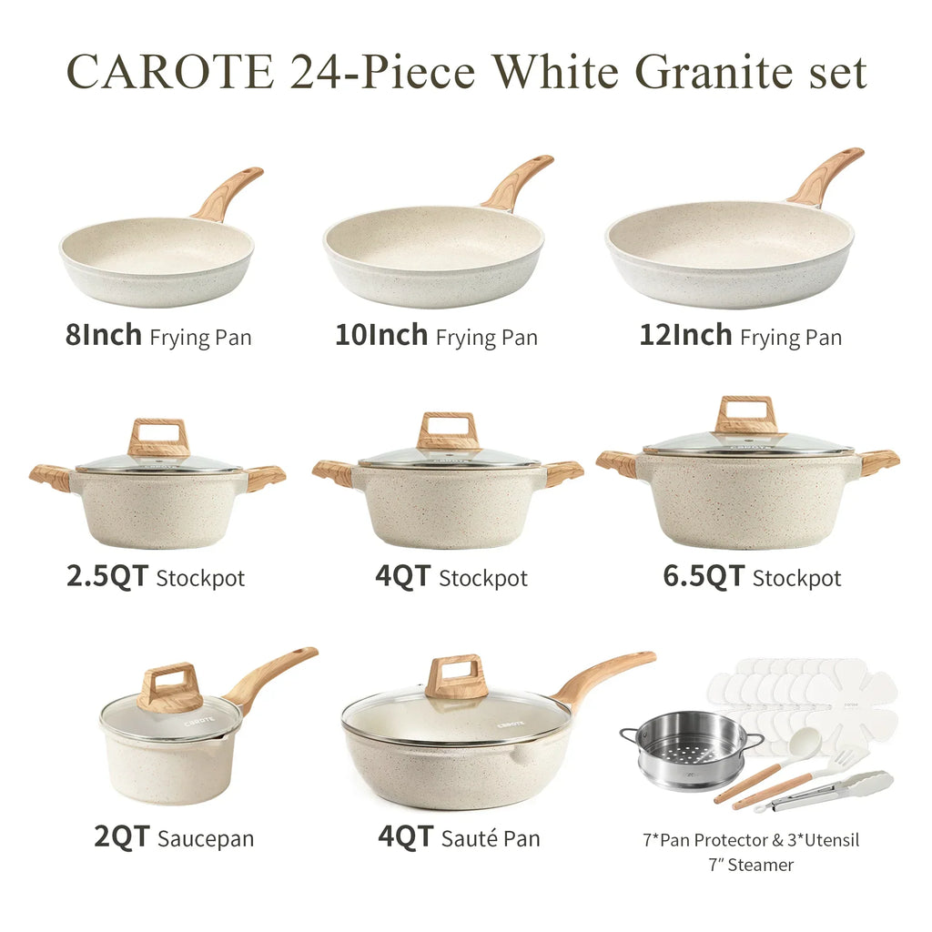 2026 NewCarote Nonstick Cookware Sets, 24 Pcs Granite Non Stick Pots and Pans Set, Induction Cookware, White