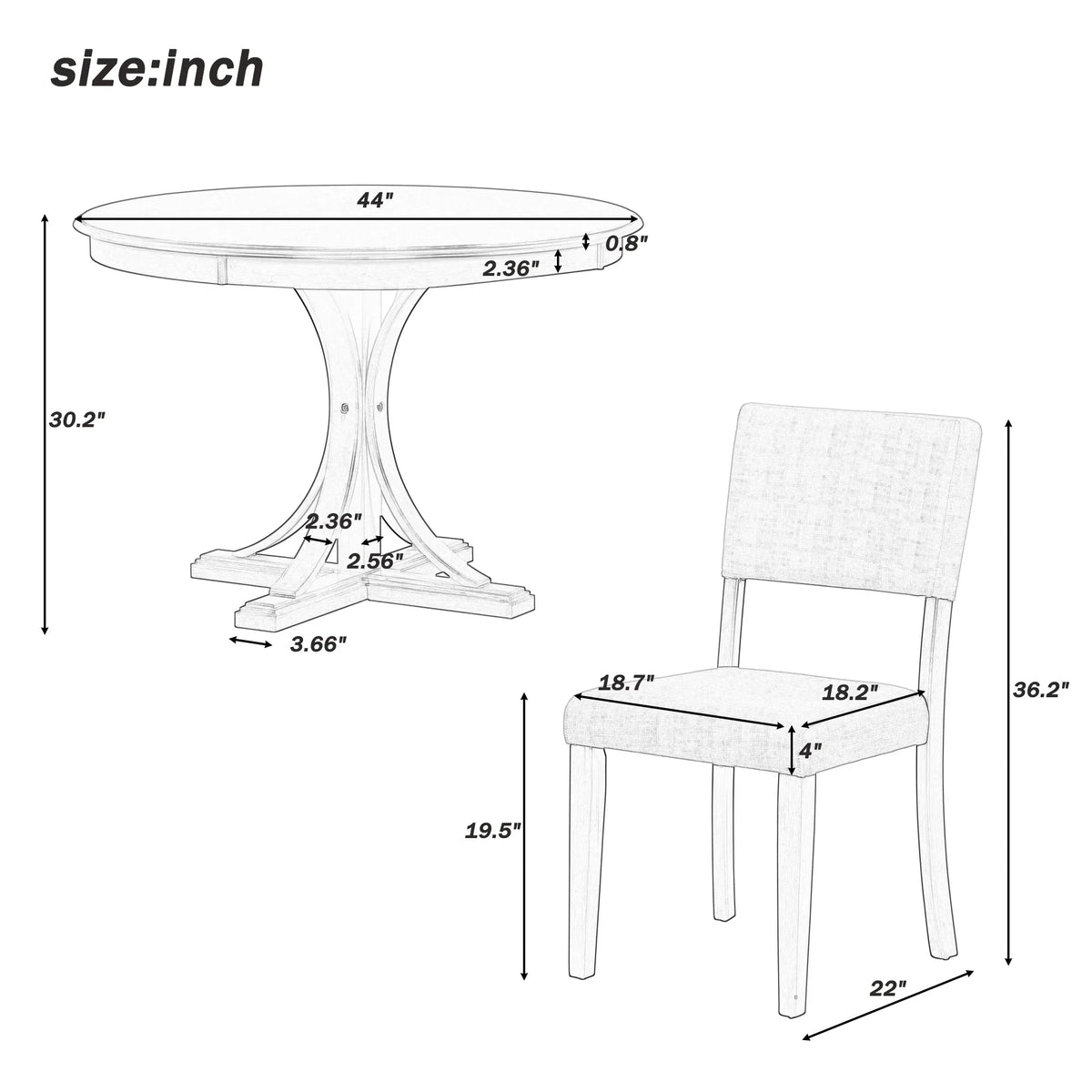 2026 New5 Piece Retro Round Dining Table Set with 4 Upholstered Chairs, Wood Dining Table with Curved Trestle Style Legs
