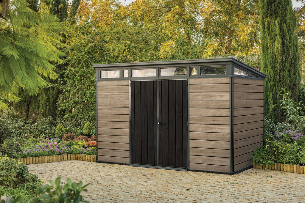 2026 NewKeter Signature 11x7 ft. Durable Resin Outdoor Storage Shed With Heavy Duty Floor and Locking Door, Walnut