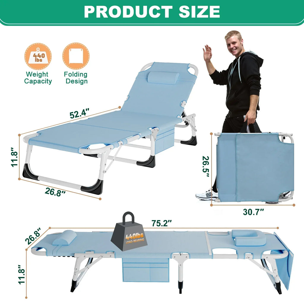 2026 NewMOPHOTO Lounge Chair with Mattress, Outdoor Chaise Lounge Support 440 Lbs, Adjustable Portable Heavy Duty Sleeping Cots Bed for Camping, Pool, Beach, Patio