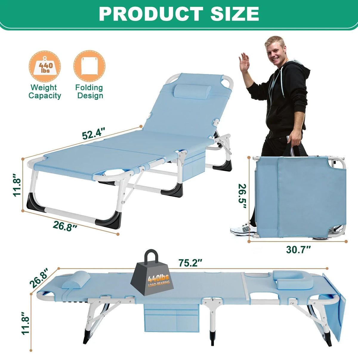 2026 NewMOPHOTO Lounge Chair with Mattress, Outdoor Chaise Lounge Support 440 Lbs, Adjustable Portable Heavy Duty Sleeping Cots Bed for Camping, Pool, Beach, Patio