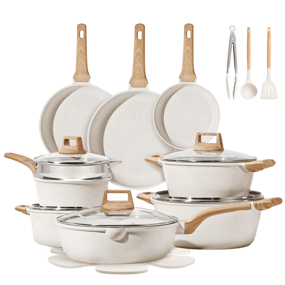 2026 NewCarote Nonstick Cookware Sets, 24 Pcs Granite Non Stick Pots and Pans Set, Induction Cookware, White