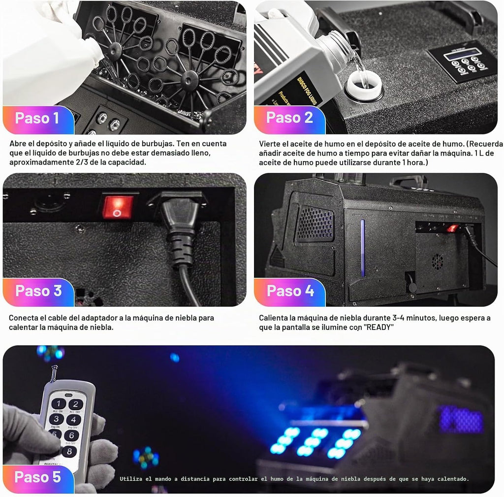2026 Máquina de Burbujas de Humo de 1500W con Control Remoto, 18 LED RGB d-mx512 Compatible con Máquina de Niebla de Burbujas con Control Independiente para Bodas Escenarios Fiestas Halloween y Navidad