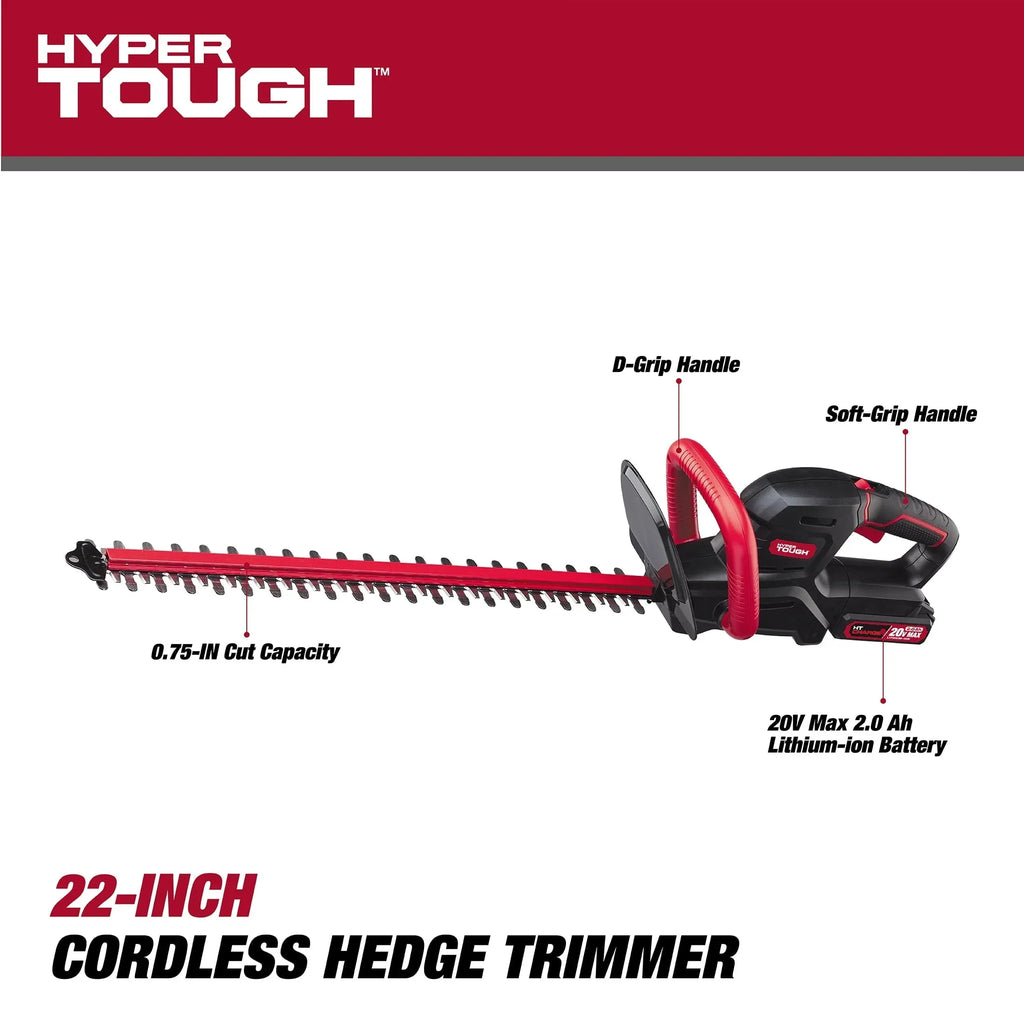 2026 NewHyper Tough 20V Max 22-inch Cordless Battery Powered Hedge Trimmer, HT21-401-003-07