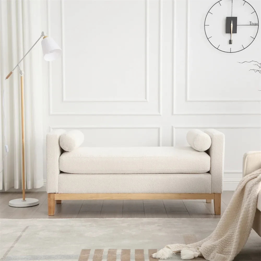 2026 New53.5"W Elegant Upholstered Bench with Wood Legs & Round Pillows,Comfy Boucle Fabric Footrest with Arms, Entryway Bench for End of Bed, Bedroom and Living Room, Ivory