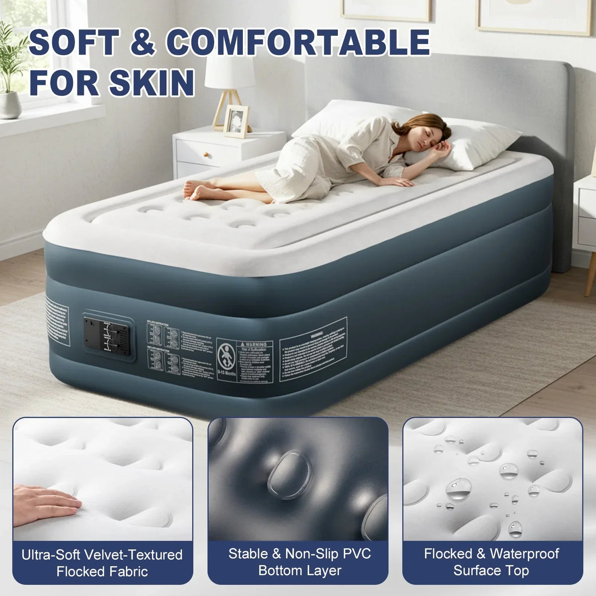 2026 NewZimtown 18" Twin Air Mattress with Two Chamber, Elevated Inflatable Bed with Built-in Pump, Protable Airbed for Outdoor Indoor Camping, Gray & White