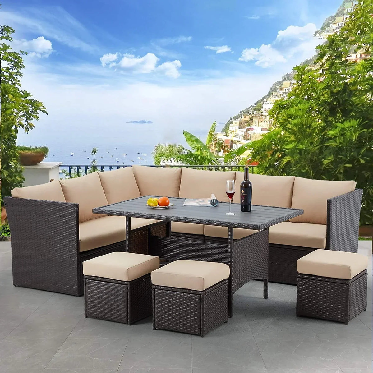 2026 NewAECOJOY 7 Piece Patio Furniture Set PE Rattan Outdoor Dining Set Sectional Sofa Couch with Table Patio Conversation Set in Gray